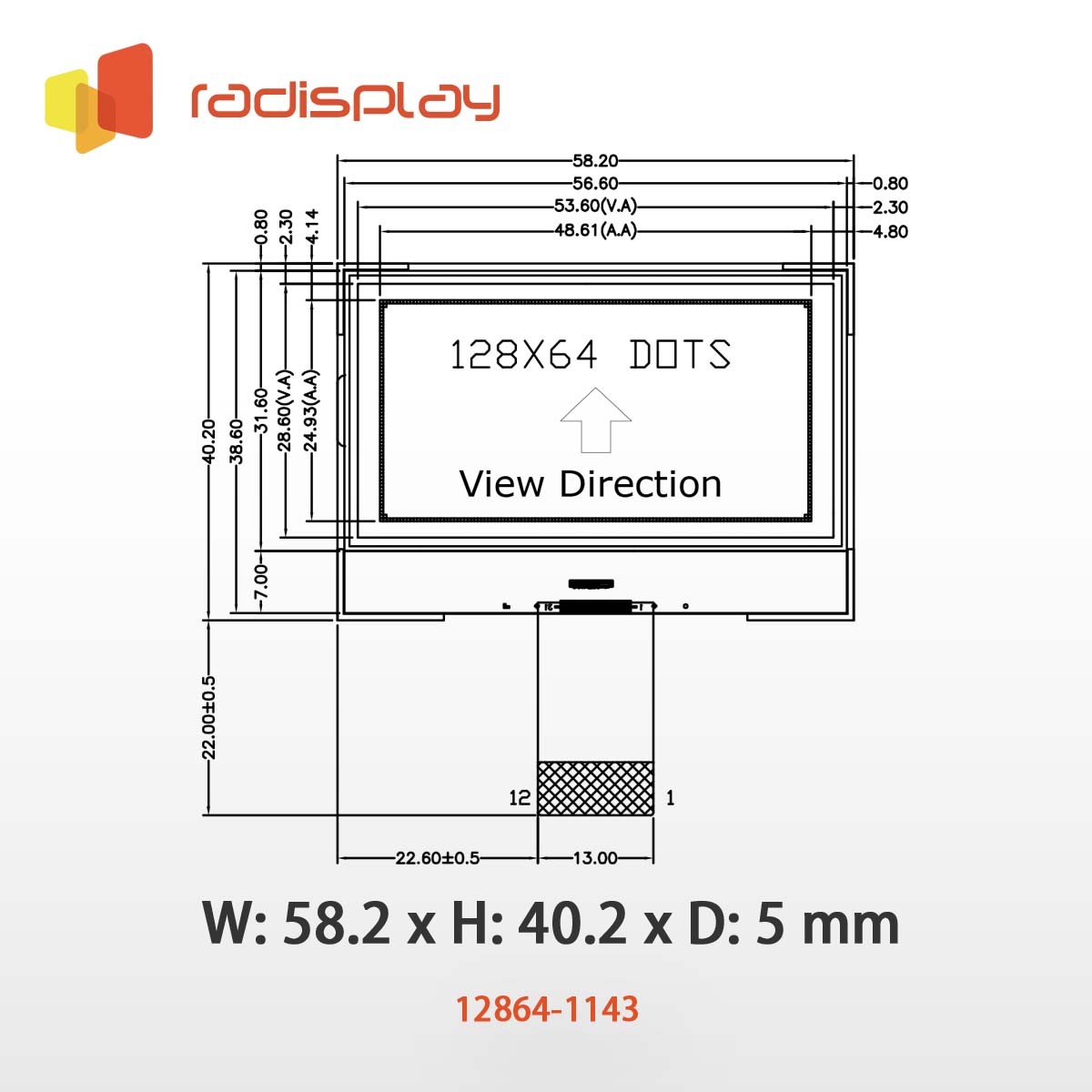 128x64 Graphic LCD (Chip on Glass) (RC12864-1143)