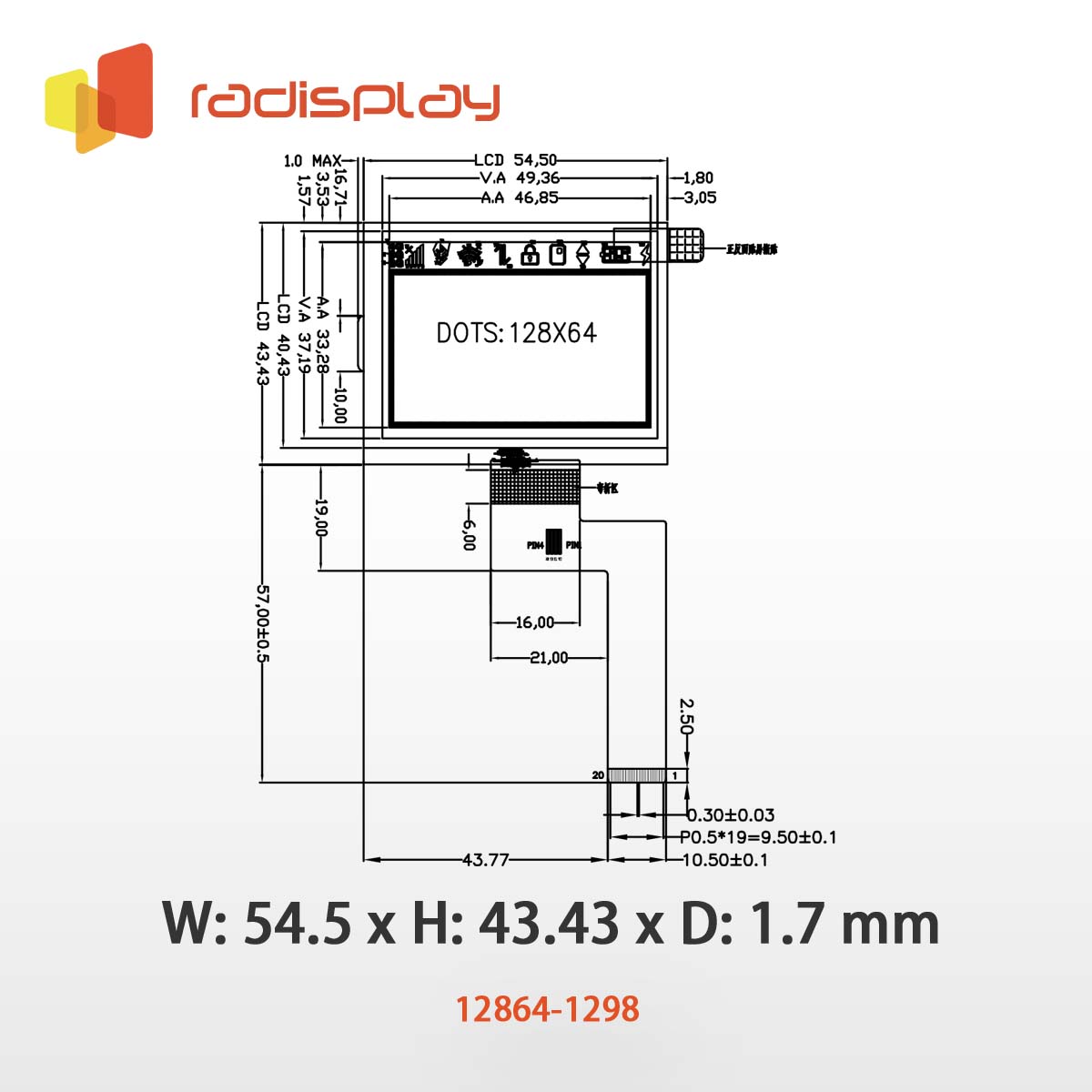 128x64 Graphic LCD (Chip on Glass) (RC12864-1298)