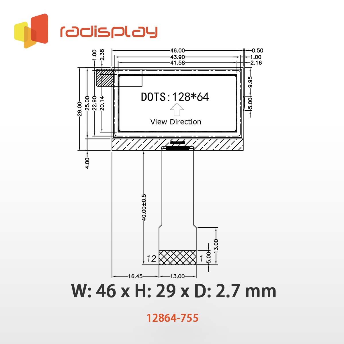 128x64 Graphic LCD (Chip on Glass) (RC12864-755)