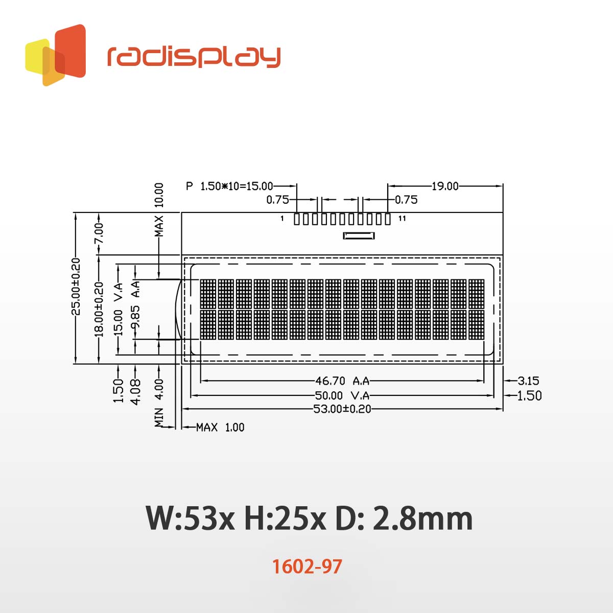 16x2 Character LCD (Chip on Glass) (RC1602-97)