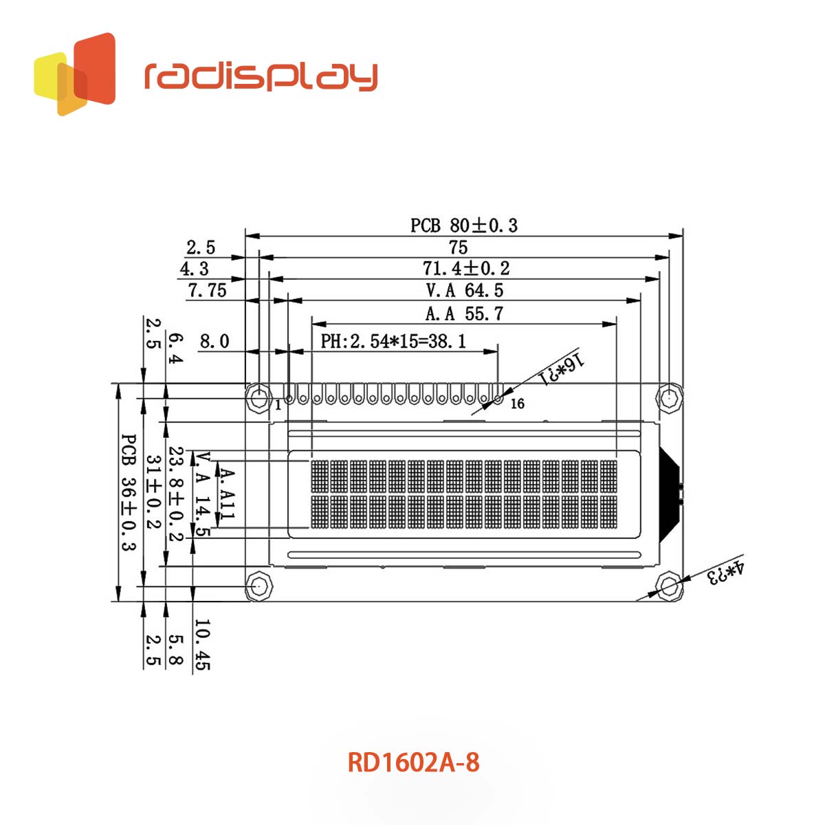 16x2 Character LCD Display Module (RD1602A-8)