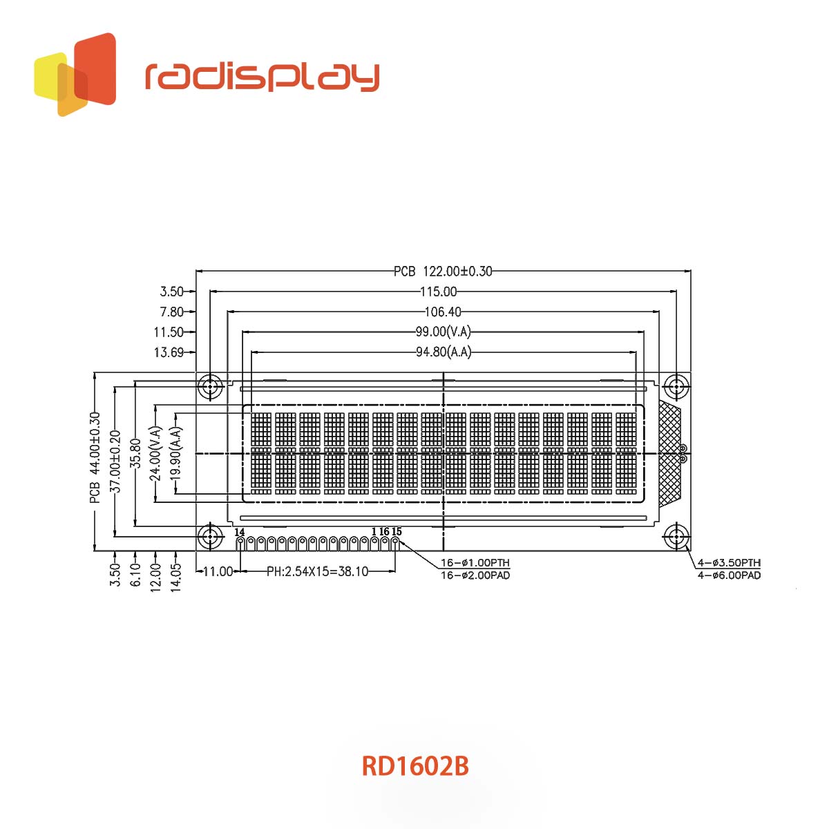 16x2 Character LCD Display Module, large character size (RD1602B)
