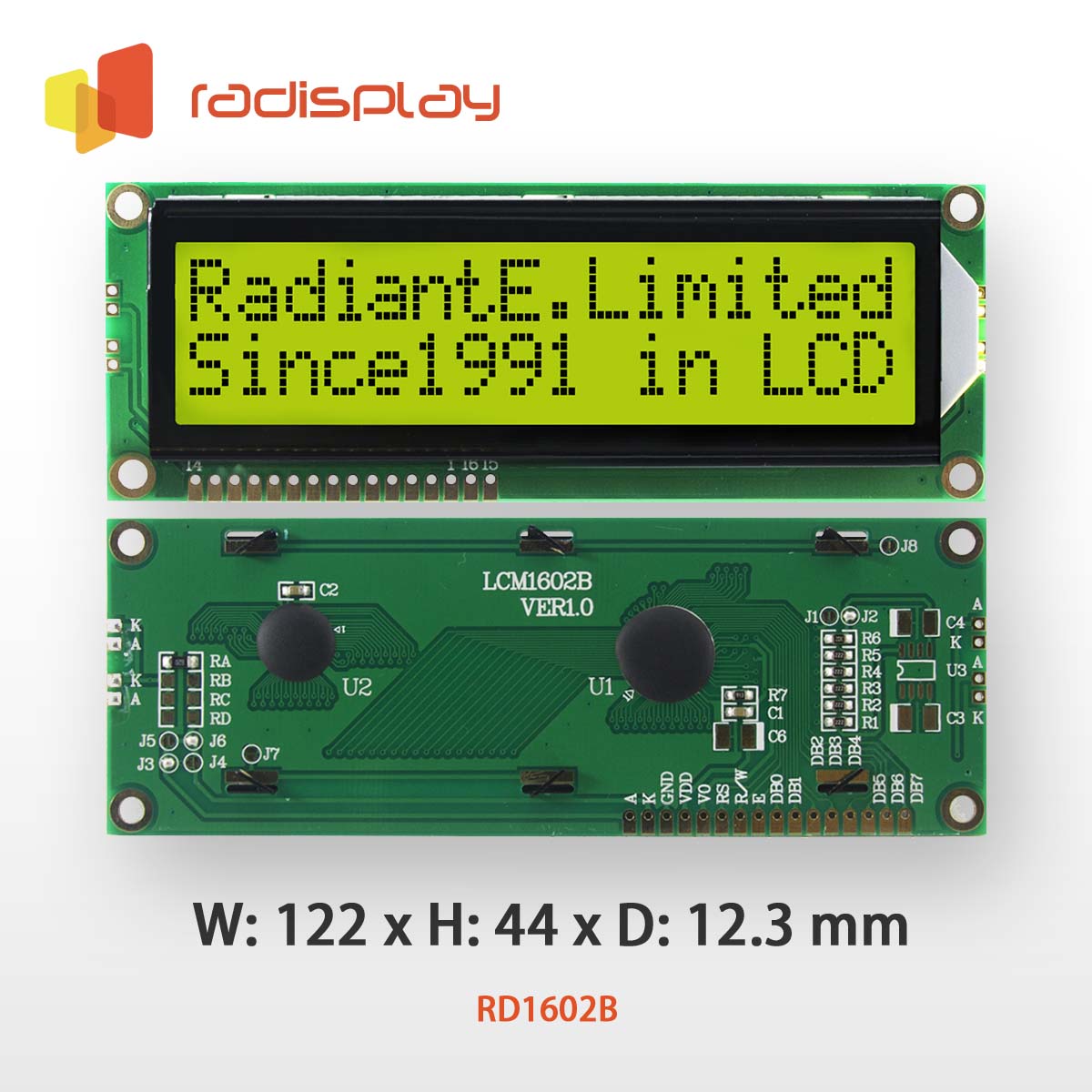 16x2 Character LCD Display Module, large character size (RD1602B)