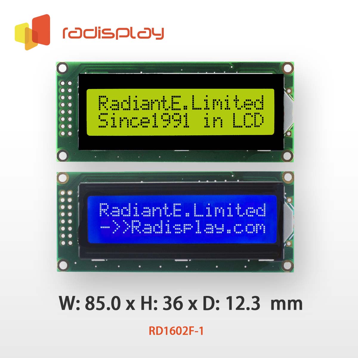 16x2 Character LCD Display Module, larger module size, (RD1602F-1)